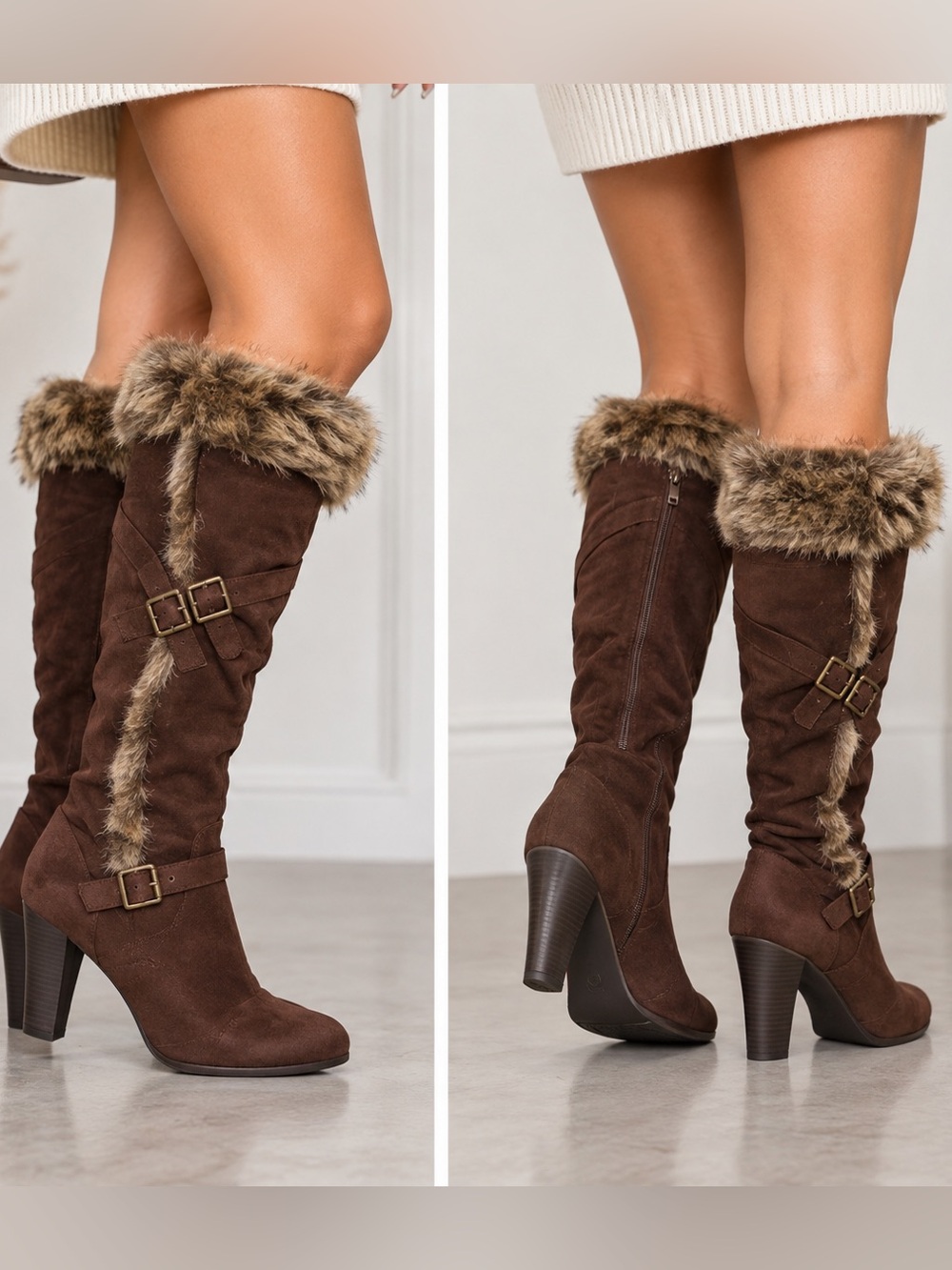 Qupid Women’s 8.5 Brown Faux Suede Knee High Boots Faux Fur Buckle Heels